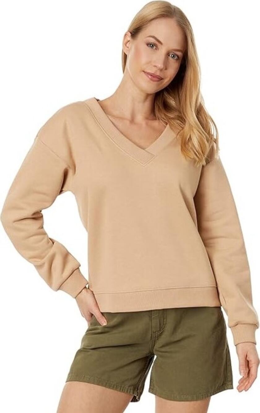 PACT Courtside V-Neck Organic Cotton Tan Minimalist Sweatshirt Women's Small